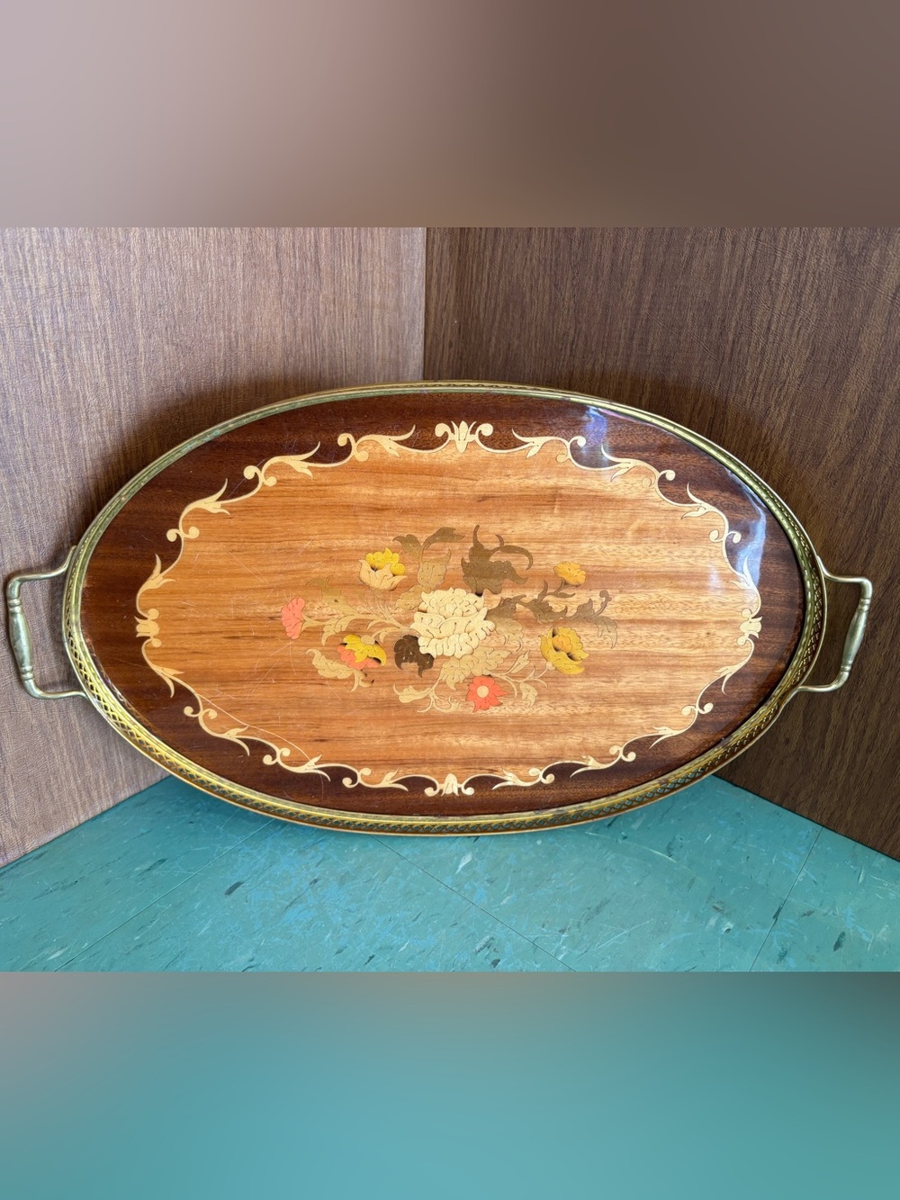 Vintage Birks serving tray, Italy, wood inlay floral ornate
